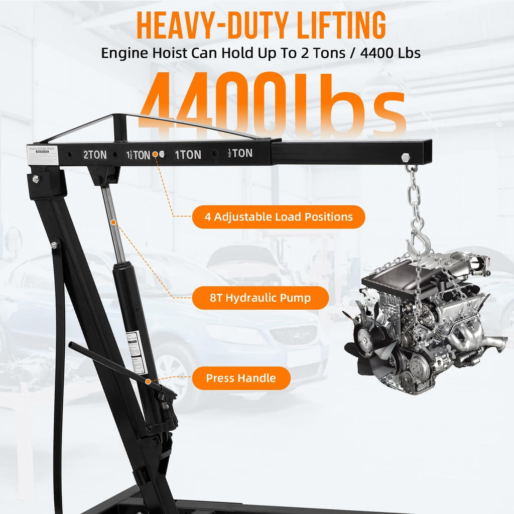 Garvee 2-Ton (4400 lbs) Cherry Picker Engine Hoist - Folding  Heavy-Duty Hydraulic Shop Crane, Black