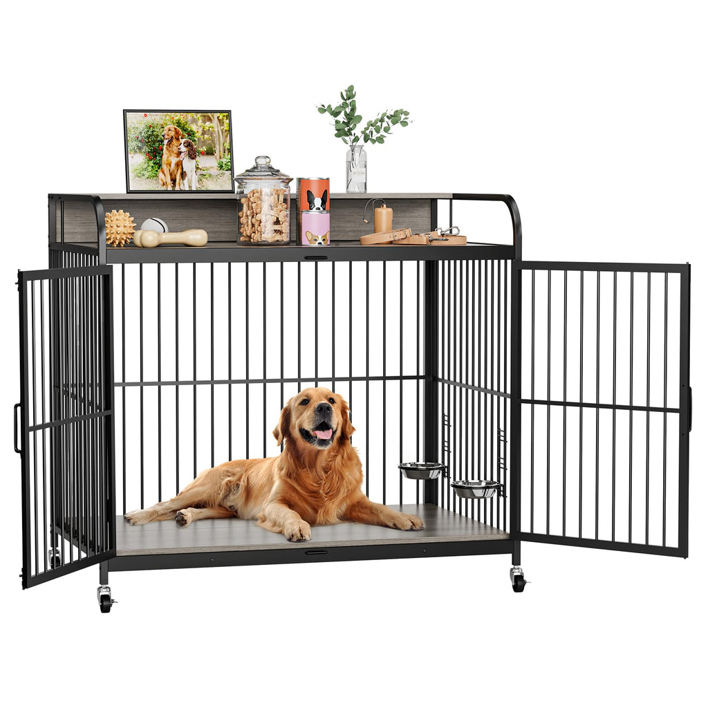 Garvee 48" Dog Kennel Furniture for Large Dogs,Large Dog Crate, Wooden Heavy Duty, Dog Crate Indoor with Adjustable Height Bowls, 48" L X 29.9" W X 44.3" H,Grey