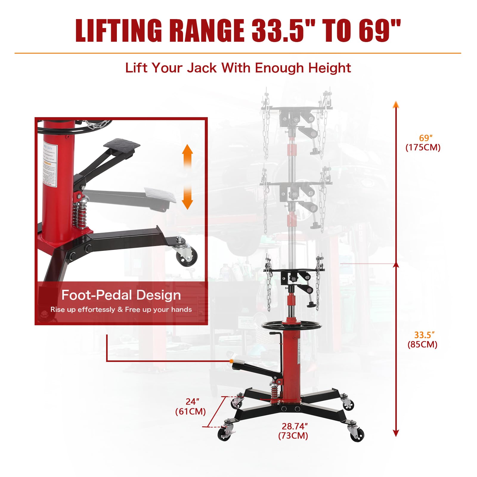 Garvee Transmission Jack, (1/2 Ton) 1100 lbs Capacity 2 Stage Adjustable Hydraulic Telescopic Transmission Jack with Foot Pedal, 33.5"-69" High Lift and 360° Swivel Wheel, Garage/Shop Lift Hoist, Red