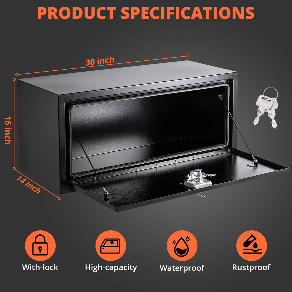 Garvee 30x14x16 Inch Underbody Truck Box Black Steel Lockable Waterproof Heavy Duty Tool Storage Organizer Chest for Tools