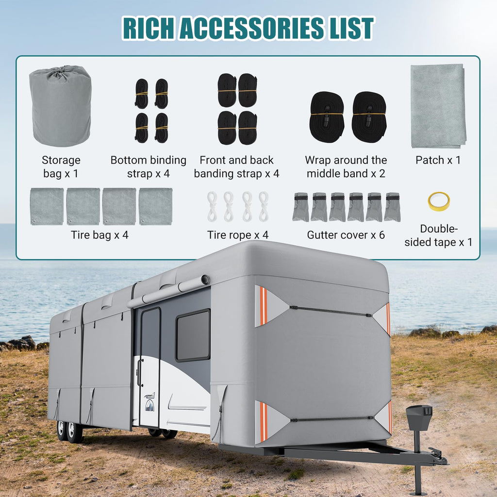 Garvee RV Cover, 24’-27’ Heavy Duty RV Travel Trailer Cover, Windproof Waterproof 4 Layers Non-Woven Fabrics Top Cover with Adhesive Repair Patches, Reflective Strips, Rich Accessories, Grey