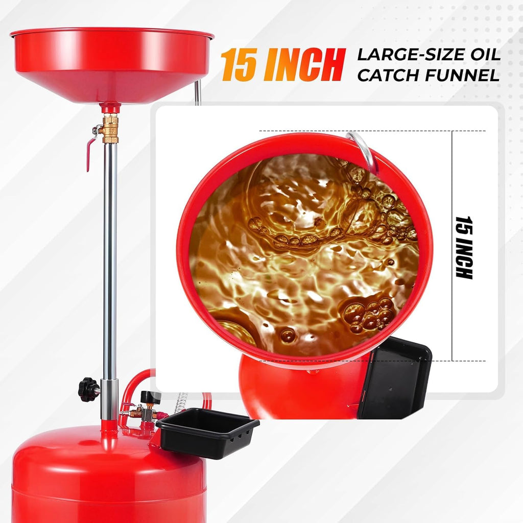 Garvee 20 Gallon Oil Drain Tank with Adjustable Funnel, Portable Air-Operated Container, Rust-Proof, Wheels & Toolbox, Red