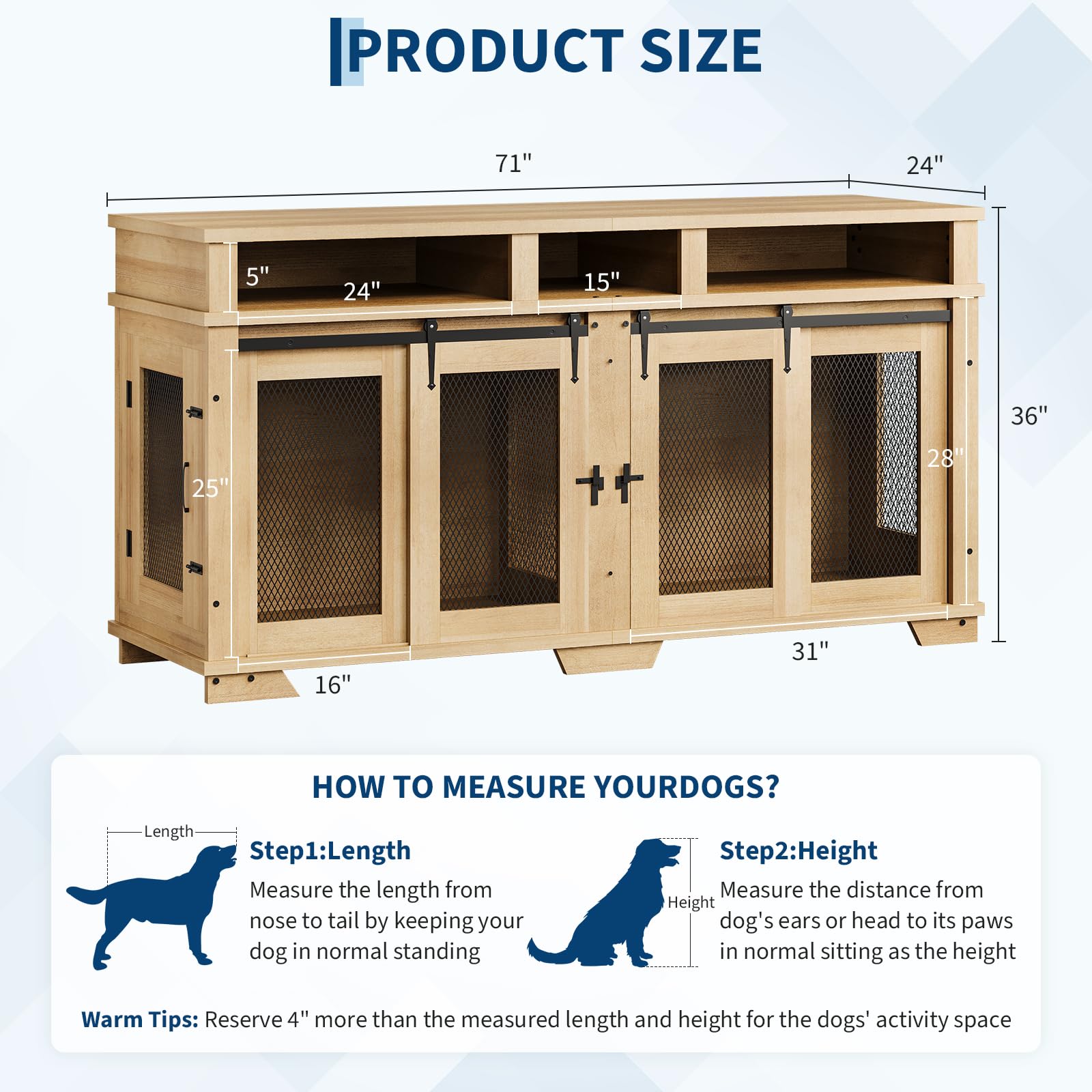 Garvee 71'' Dog Crate Furniture for 2 Dogs, Extra Large Double Dog Kennel, Indoor Wooden Dog Crate TV Stand, White/Natural Wood/Brown