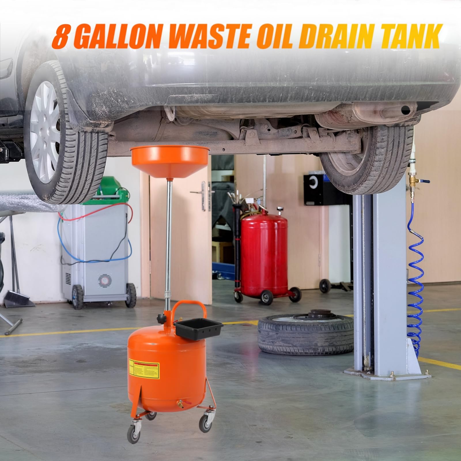 Garvee 8 Gallon Waste Oil Drain Tank, Portable Oil Drain Container with Adjustable Funnel Height (28"-62"), 360° Wheels & Built-in Toolbox, Orange