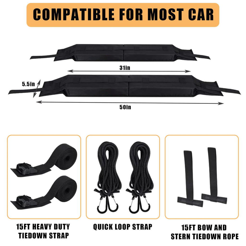 Garvee Soft Roof Rack Pads with Tie Down Straps for Surfboard Kayak Canoe Universal Car Roof Racks System Heavy Duty Black
