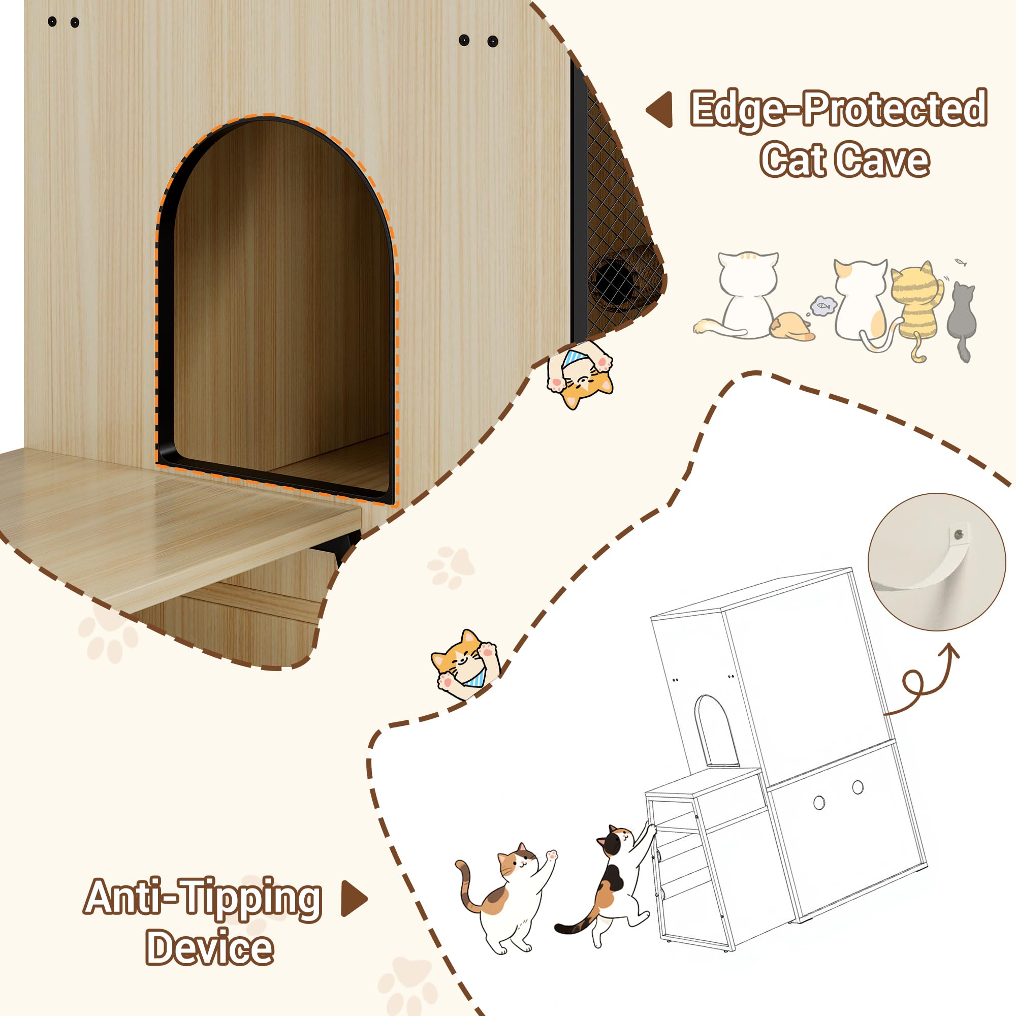 Garvee Cat Litter Box Enclosure With Doors, Double Cat House, Storage Space, Ladder, Burlywood, 22.6"L x 17.7"W x 10.9"H
