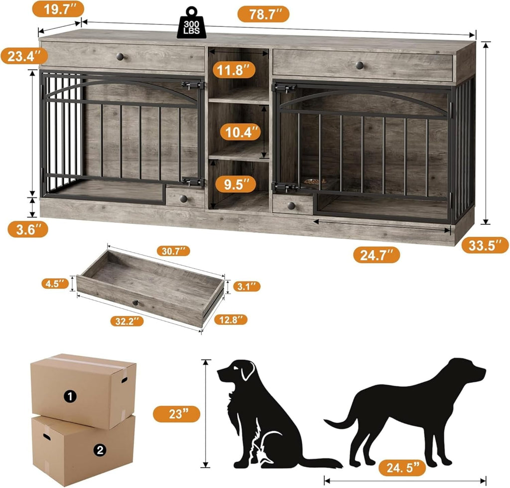 Garvee Dog Crate Furniture for 2 Dogs, 78.7" Large Dog Kennel Indoor with 2 Storage Drawers, 3 Shelves and Feeding Bowls, Double Dog Crate TV Stand for Small and Medium Dogs, Gray