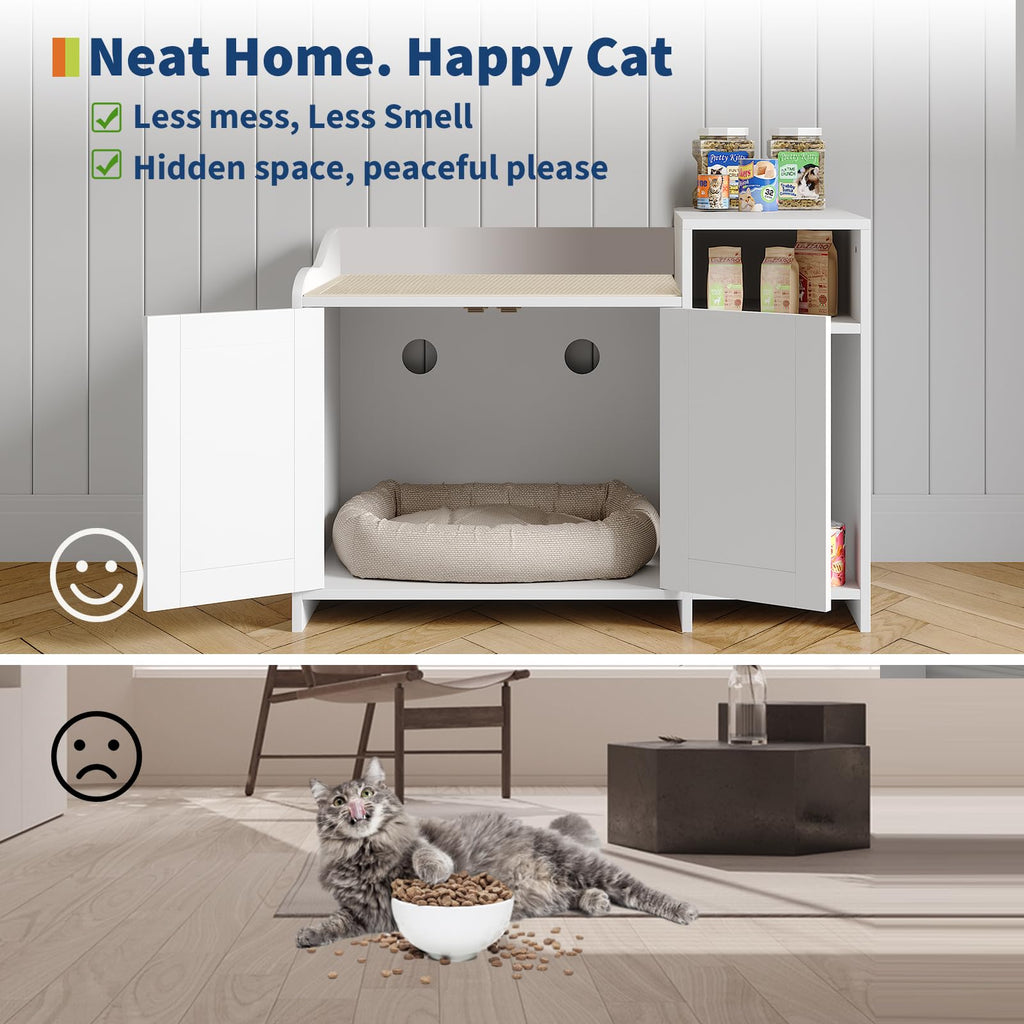Garvee Cat Litter Box Enclosure Furniture Hidden Litter Box Cabinet Indoor Wooden Cat Washroom Pet House Dog Proof Hideaway Side End Table with Storage White 33.9in L x 19.7in W x 24.2in H