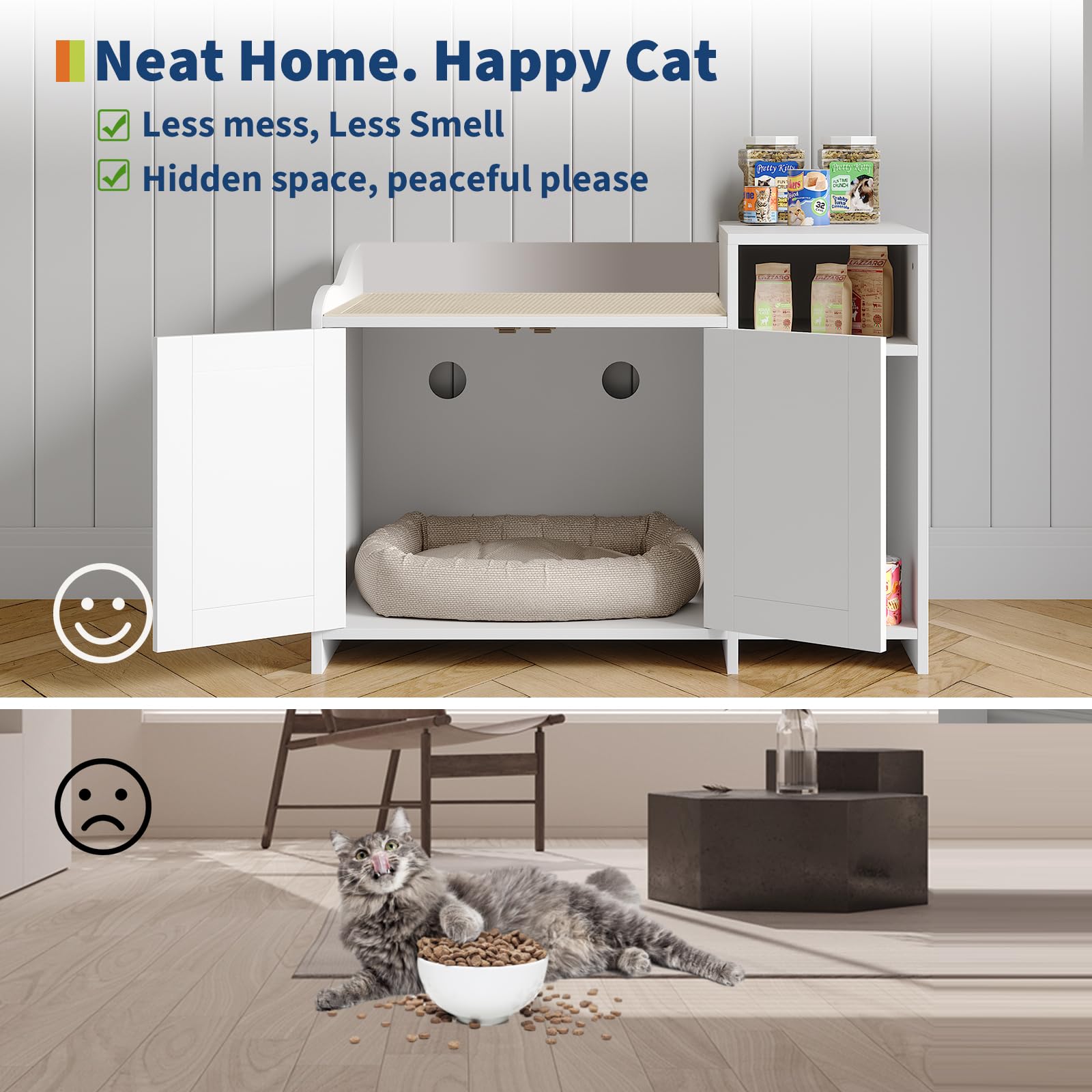 Garvee Cat Litter Box Enclosure Furniture Hidden Litter Box Cabinet Indoor Wooden Cat Washroom Pet House Dog Proof Hideaway Side End Table with Storage White 33.9in L x 19.7in W x 24.2in H