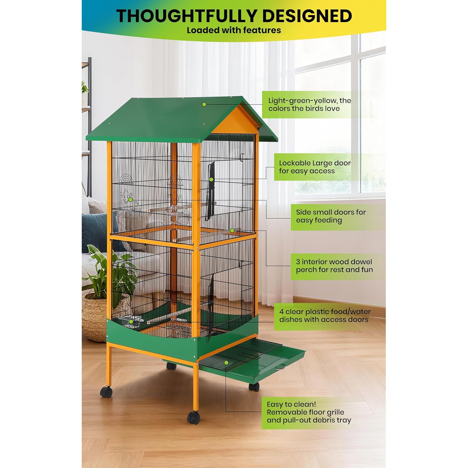 Garvee Extra Large Bird Cage 66''H with Removable Tray Waterproof Roof Lockable Caster Indoor Outdoor Yellow Green