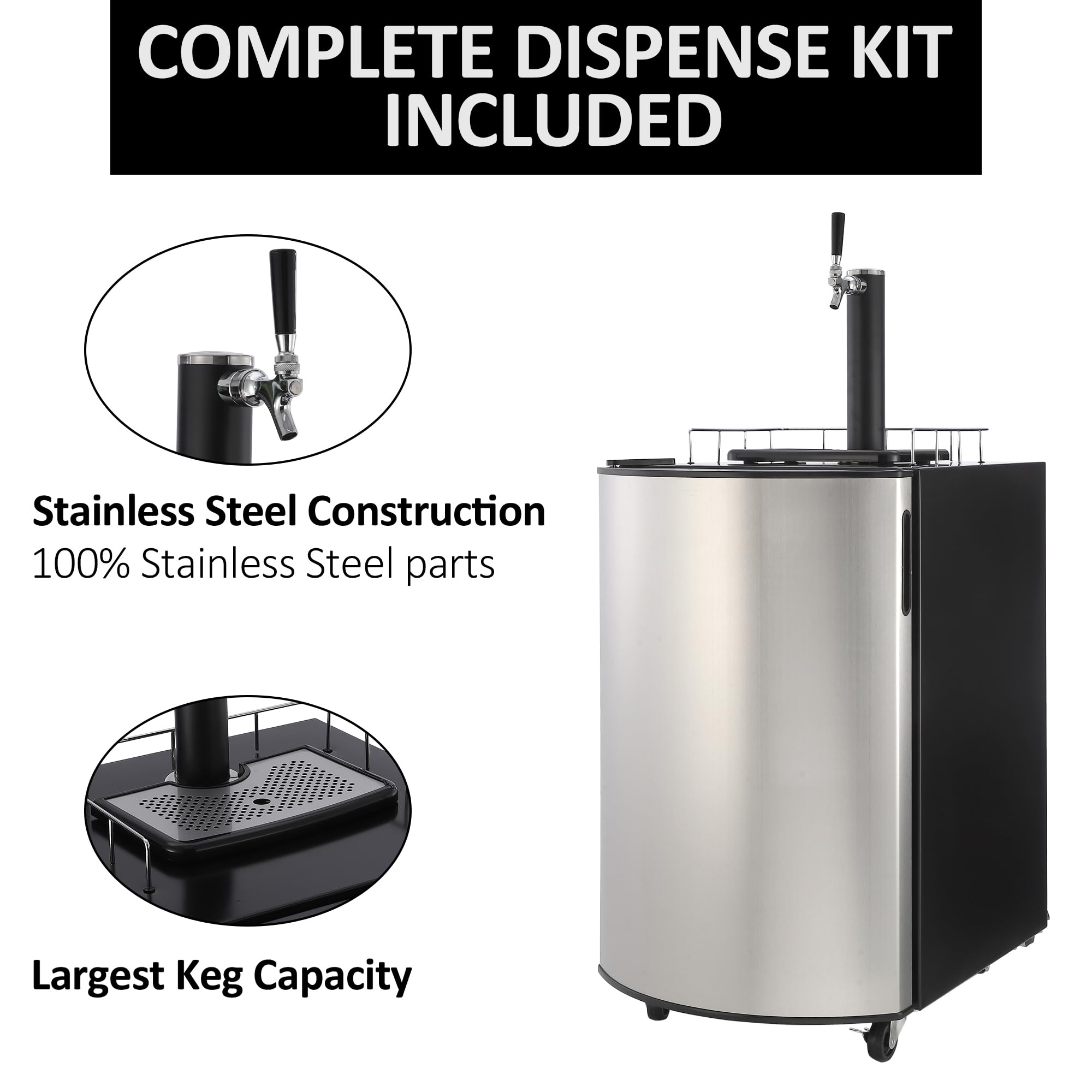 Garvee Kegerator and Keg Beer Cooler, Single Tap Draft Beer Dispenser, Full Size Keg Refrigerator With Shelves, Stainless Steel, Drip Tray & Rail- Silver