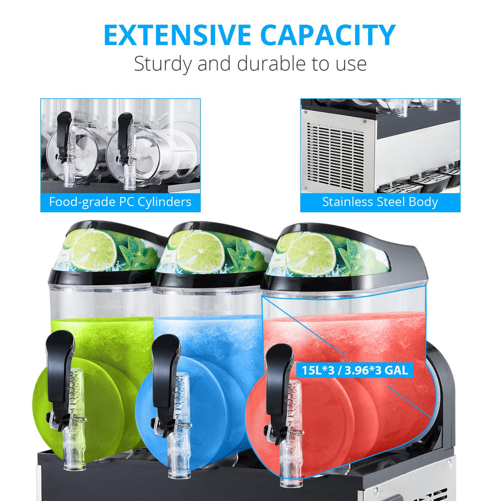 Garvee Commercial Slushy Machine 45L (15L x3) 600W – Stainless Steel & Food-Grade PC Tanks for Restaurants, Bars, Events