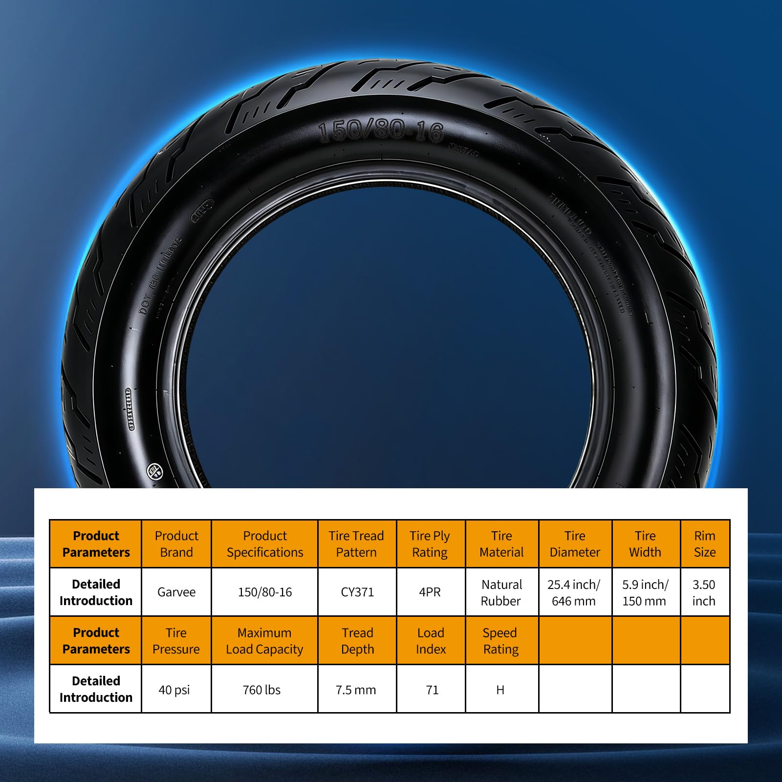 Garvee 150/80-16 Motorcycle Tire Rear Black Wall 4PR 71H Tubeless Street Tire Cruiser Touring High Performance Enhanced Grip Wear Resistance