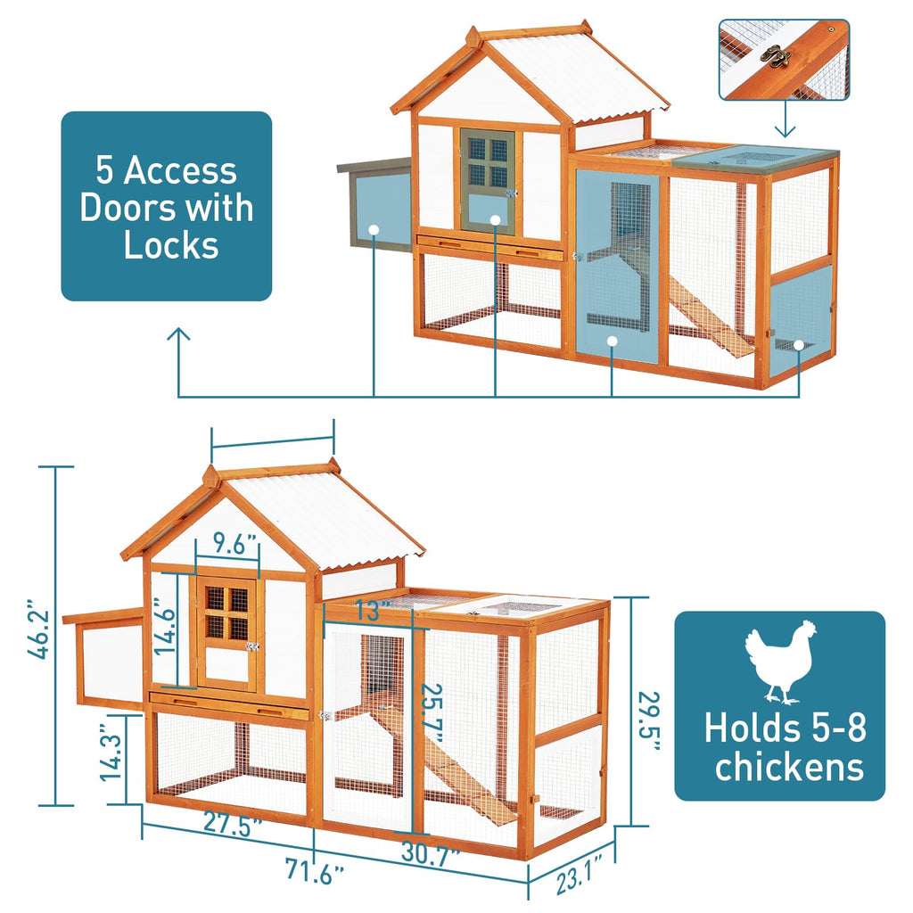 Garvee Outdoor Chicken Coop Wooden Hen House with Run, Poultry Cage w/Ramps, Nesting Box, 4 Access Areas, Wire Fence, Removable Bottom for Easy Cleaning