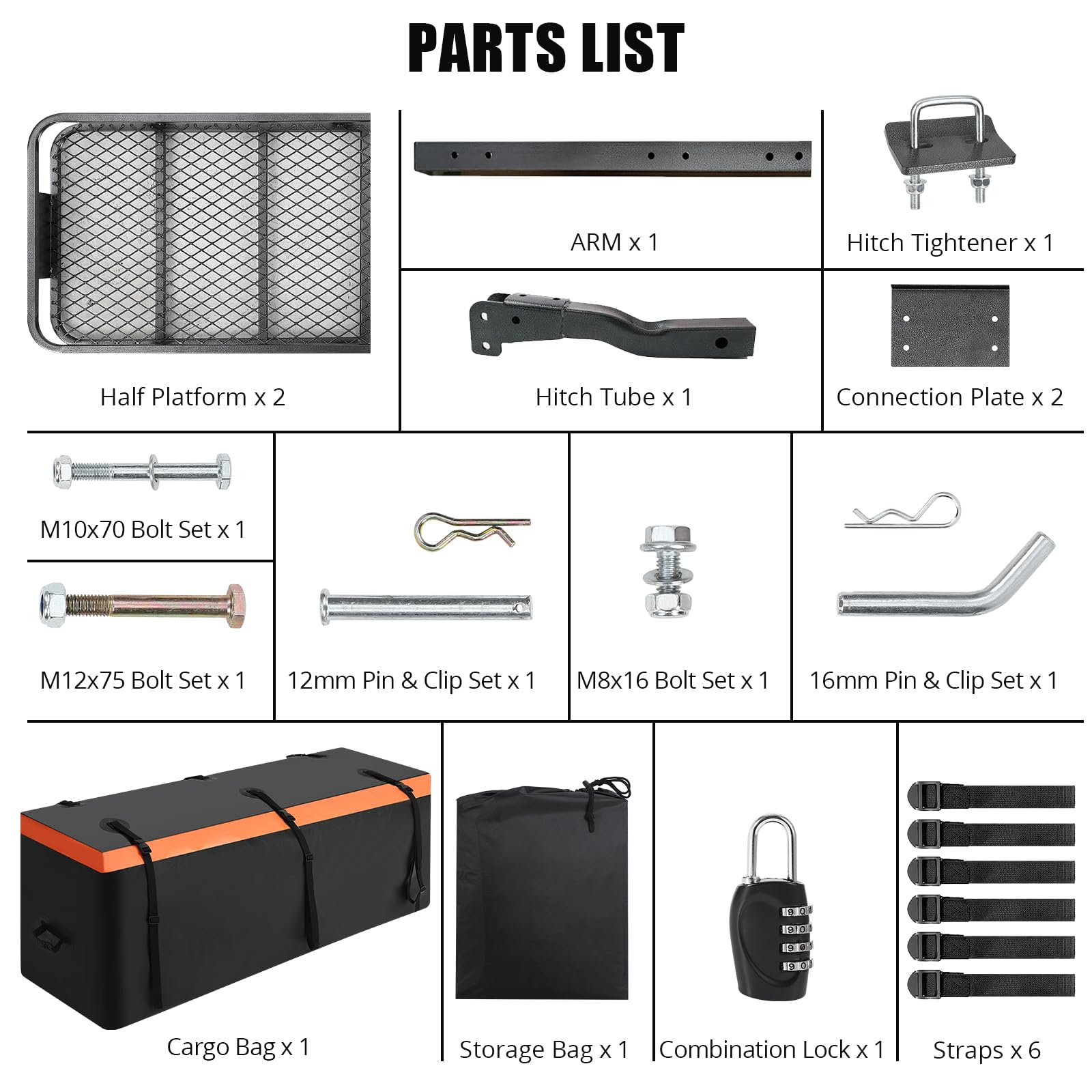 Garvee Hitch Mount Cargo Carrier Basket (60" x 20" x 5.9") – 200 lbs Capacity, Includes 15 Cubic Feet Waterproof Bag, Hitch Stabilizer, Net & Straps, 2-Inch Folding Shank, Steel Construction