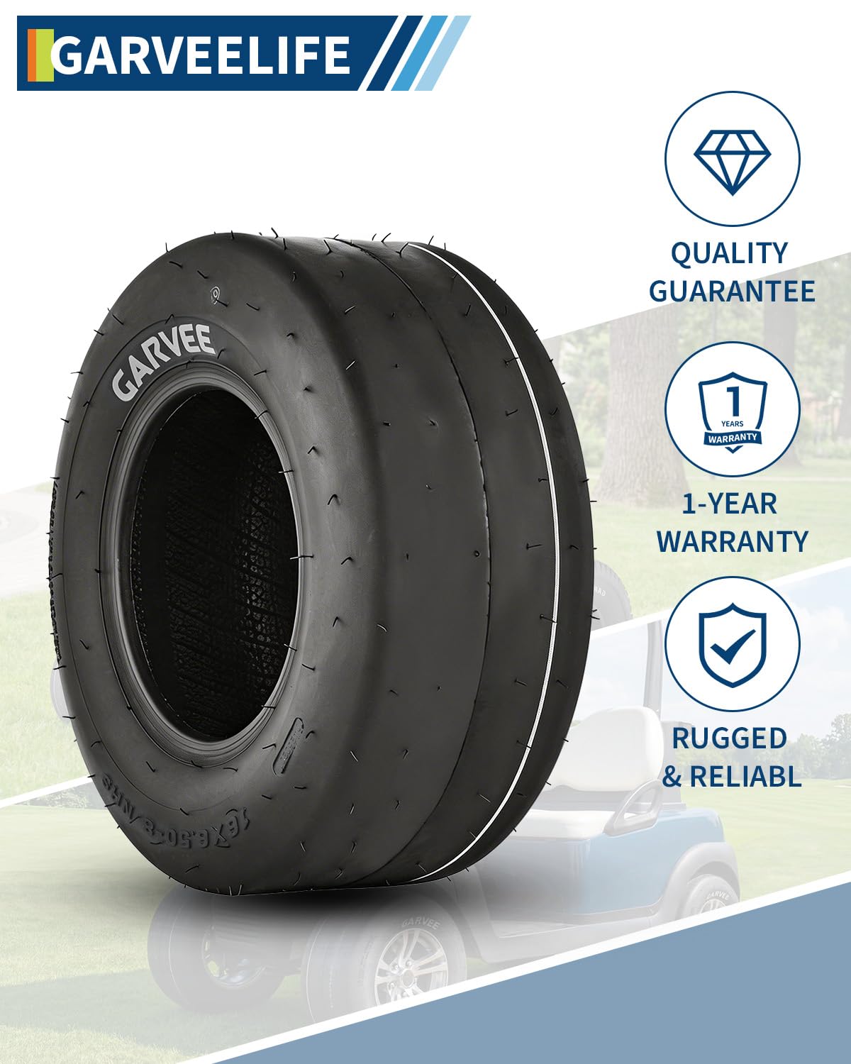 Garvee 2 Pack 16x6.50-8 Lawn Mower Tire, Smooth Pattern, Tubeless, 4PR, Turf Use, Black