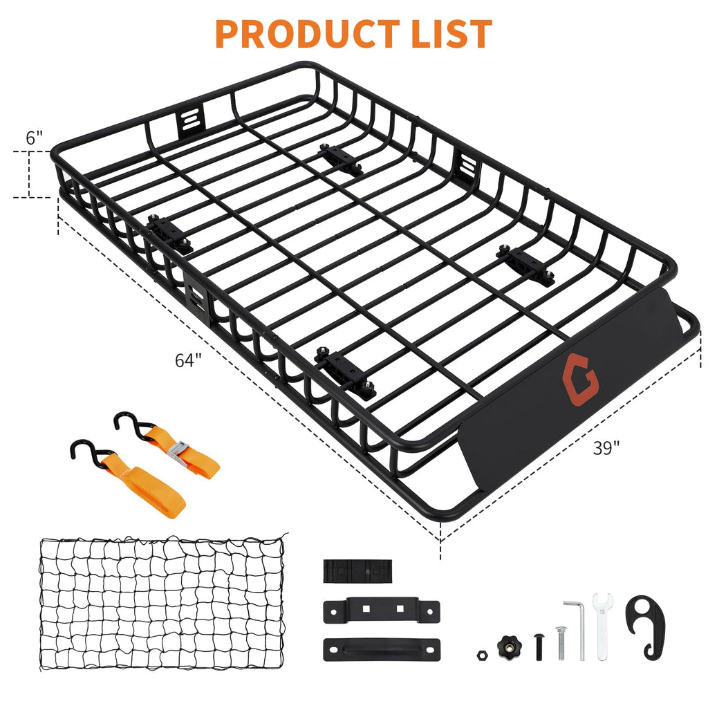 Garvee Roof Rack Cargo Carrier Basket Universal Rooftop 64''X39''X6'' Black with Cargo Net and Luggage Holder for Pick Up Trucks 200lbs Capacity