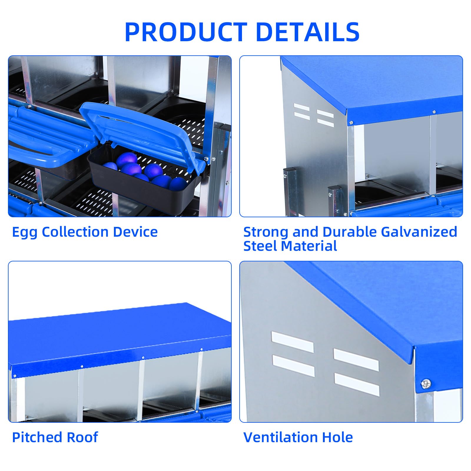 Garvee Chicken Nesting Box 10-Hole Roll Away Egg Laying Box with Lid Heavy-Duty Galvanized Steel Rustproof Design Blue with Bracket Legs