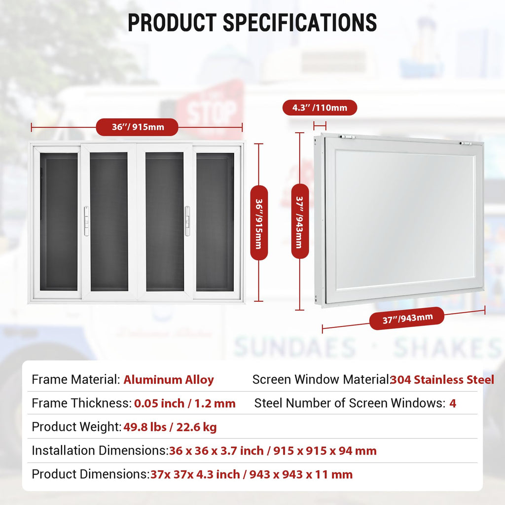 Garvee 36"W x 36"H Aluminum Alloy Concession Window - 4 Sliding Screen Windows, Awning Door, Durable and Secure for Food Trucks (Silver)