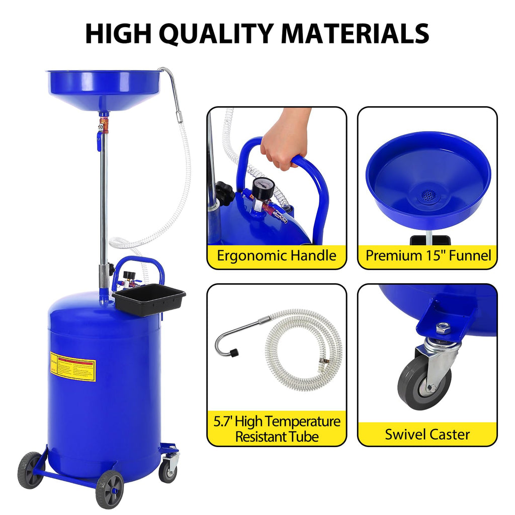 Garvee 20 Gallon Waste Oil Drain Tank - Portable Air-Operated Oil Drainer with 15'' Premium Bowl, Adjustable Funnel Height, Wheels, and Toolbox for Fluid Fuel Transfer and Drainage, Blue