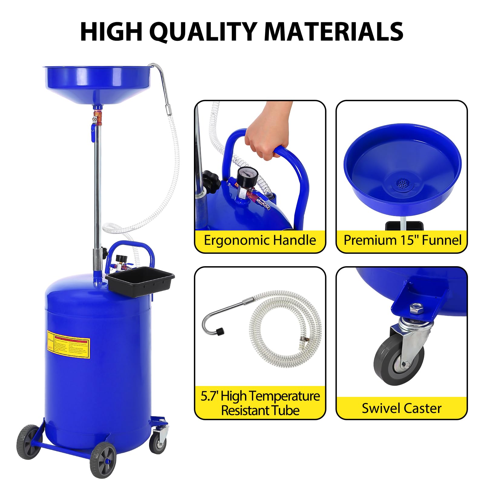 Garvee 20 Gallon Waste Oil Drain Tank - Portable Air-Operated Oil Drainer with 15'' Premium Bowl, Adjustable Funnel Height, Wheels, and Toolbox for Fluid Fuel Transfer and Drainage, Blue