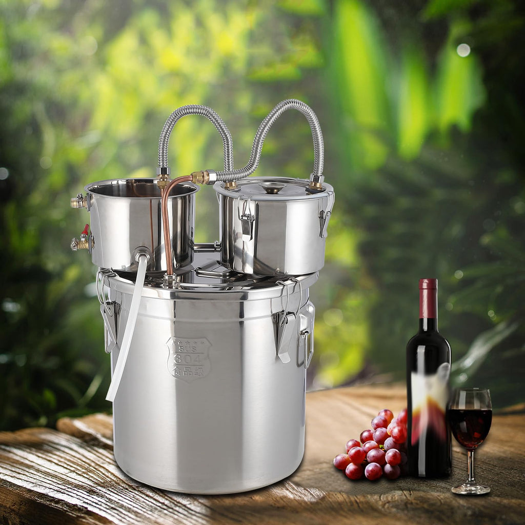 Garvee 3Gal Double Chilled Alcohol Still - Stainless Steel Home Still Kit with Copper Tubing & Built-in Thermometer, 3 Pot Multi-Purpose Distilling Kit for DIY Whiskey Brandy