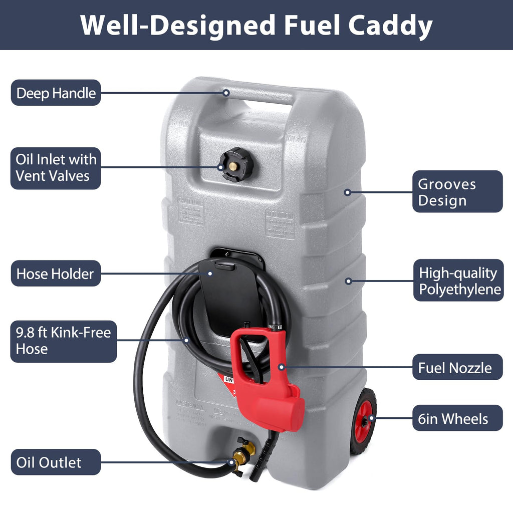Garvee Fuel Caddy, 15 Gallon Portable Gas Fuel Tank Container with LE Fluid Transfer Siphon Pump and 10ft. Delivery Hose, Diesel Storage Can On-Wheels for Cars, Lawn Mowers, ATVs, Boats, Gray