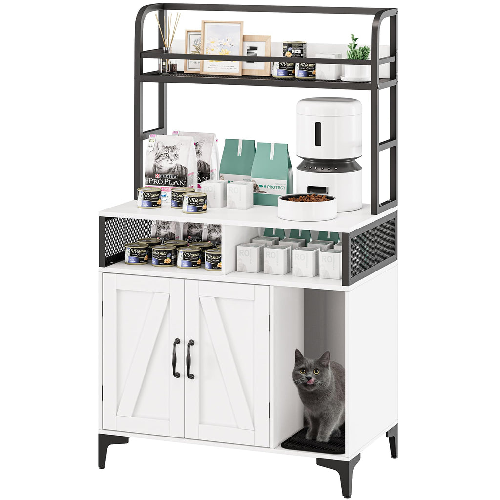 Garvee Hidden Cat Litter Box Enclosure Furniture with Shelf Storage,Litter Box Furniture,Sturdy Cat Washroom,Indoor Wooden Cat House Storage, White