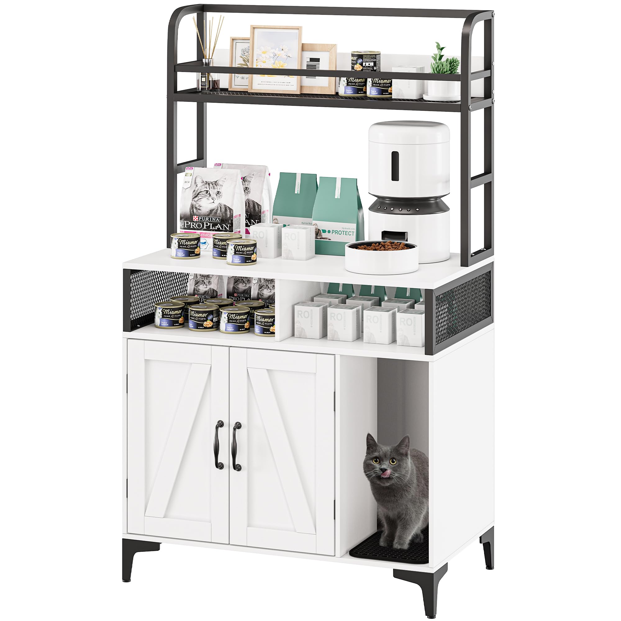 Garvee Hidden Cat Litter Box Enclosure Furniture with Shelf Storage,Litter Box Furniture,Sturdy Cat Washroom,Indoor Wooden Cat House Storage, White