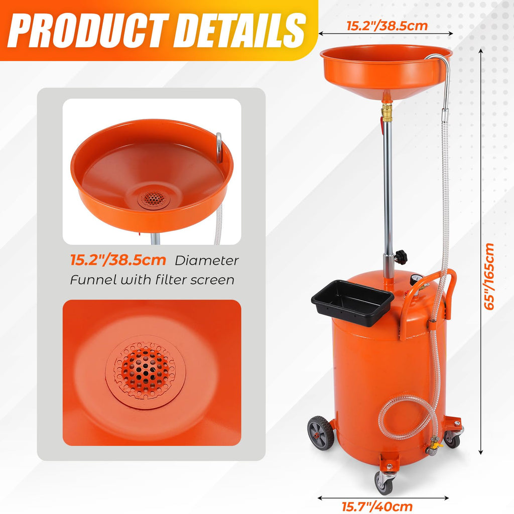 Garvee 20 Gallon Oil Drain Tank, Portable Oil Drain Container with Adjustable Funnel Height 38"-65", Air Operated Drainage Fluid Fuel Transfer Drainage with 360° Wheels & Toolbox