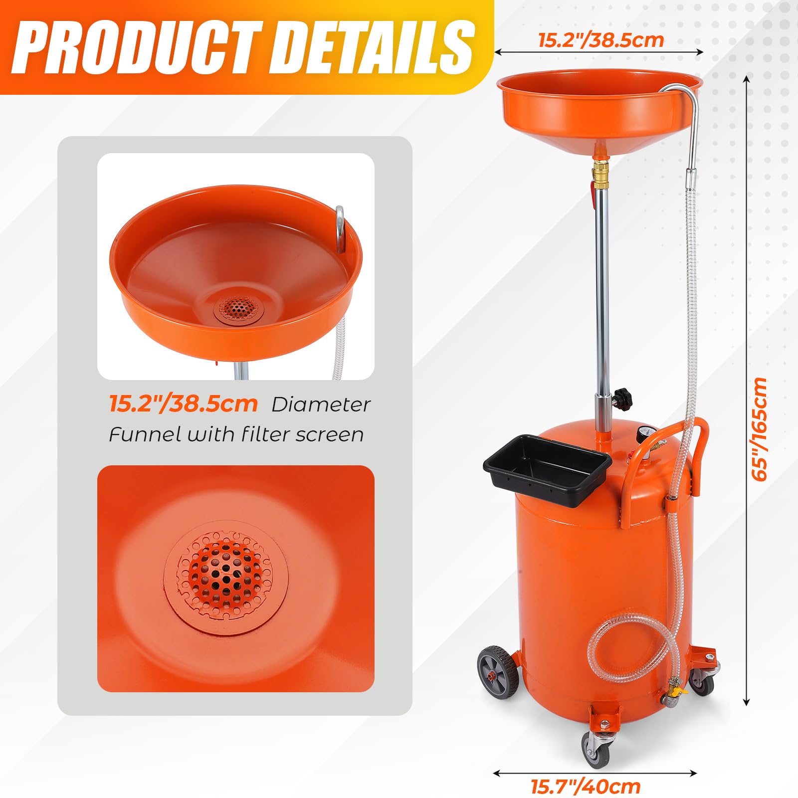 Garvee 20 Gallon Oil Drain Tank, Portable Oil Drain Container with Adjustable Funnel Height 38"-65", Air Operated Drainage Fluid Fuel Transfer Drainage with 360° Wheels & Toolbox