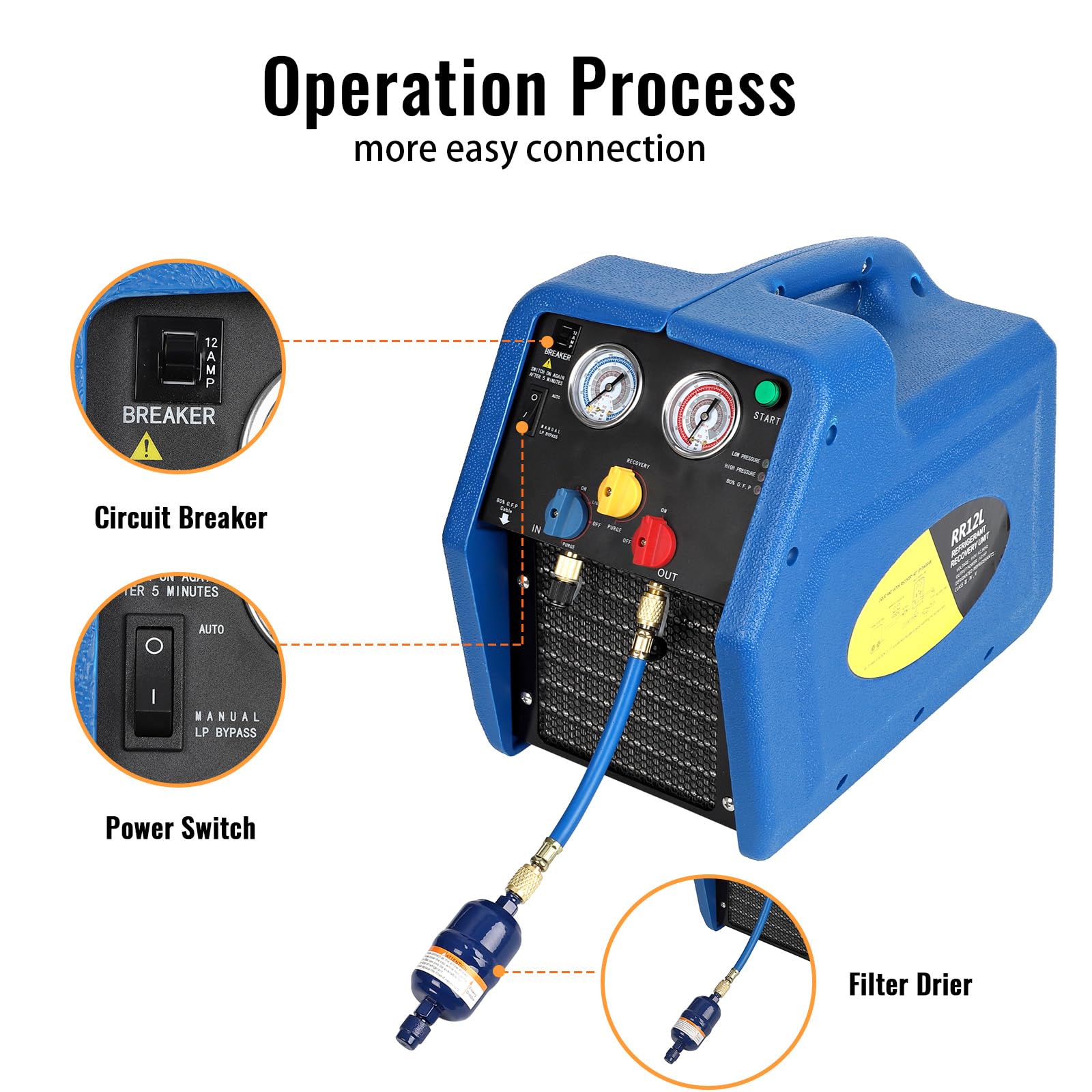 Garvee Refrigerant Recovery Machine Portable 1/2HP 110V Ac Refrigerant Recycling Machine Automotive Hvac 558psi Refrigerant Recovery Unit Air Conditioning Repair Tool