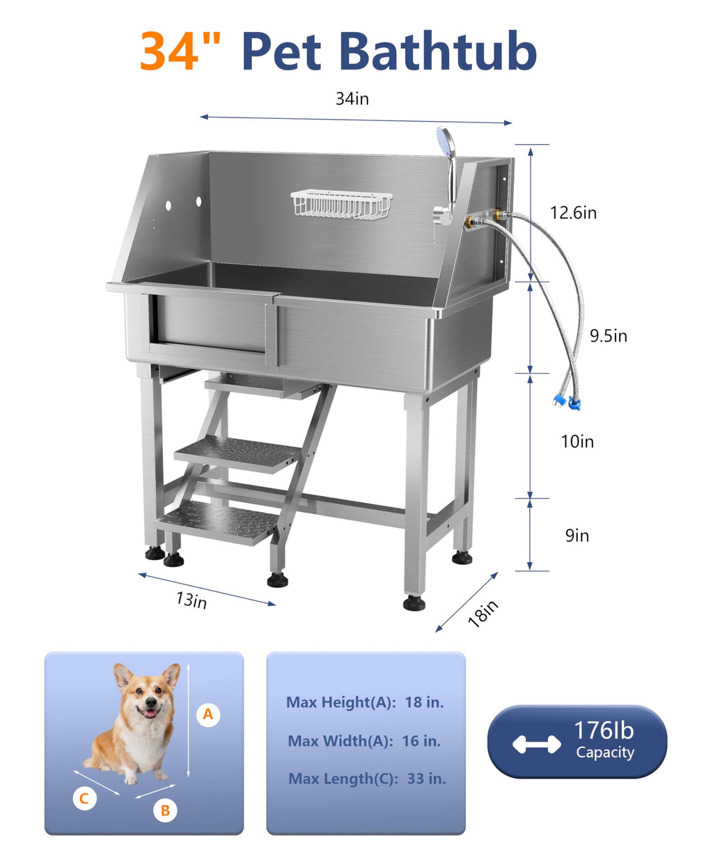Garvee 34" Dog Grooming Bathtub, Professional Stainless Steel Pet Dog Bathing Station for Small Pets, Left Door & Stairs with Faucet, Sprayer, Drain