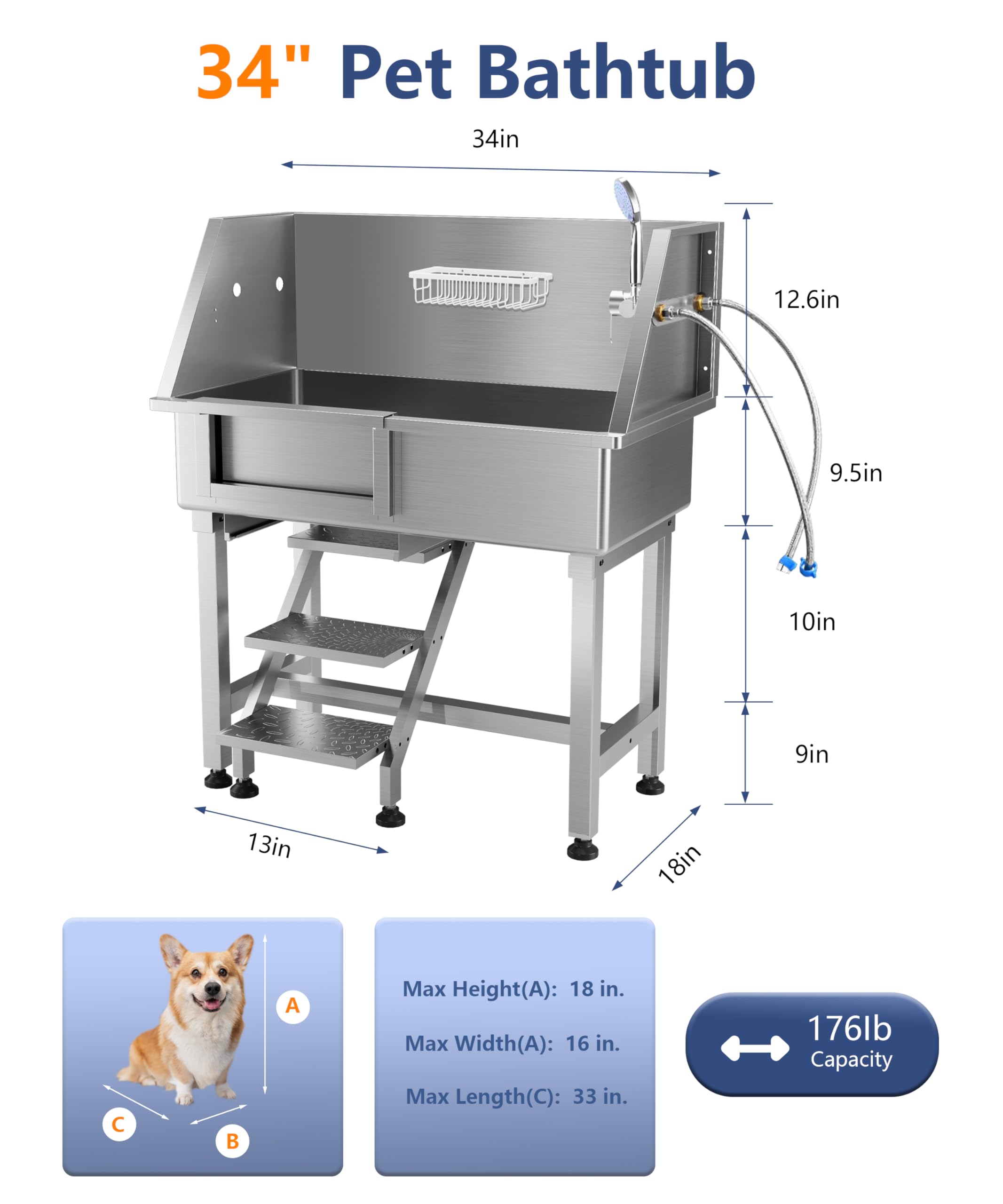 Garvee 34" Dog Grooming Bathtub, Professional Stainless Steel Pet Dog Bathing Station for Small Pets, Left Door & Stairs with Faucet, Sprayer, Drain