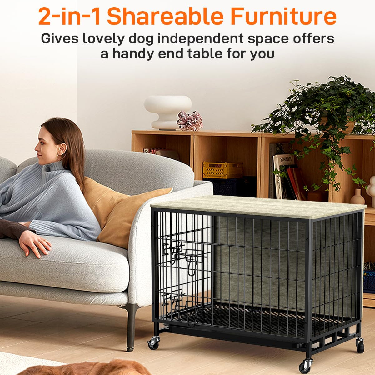 Garvee Dog Crate Furniture, 32.5" Wooden Dog Kennel Furniture Style Dog Crate with Removable Tray and Wheels, Heavy-Duty Double-Doors Dog Cage End Table, Indoor Dog House for Large Dogs, Grey