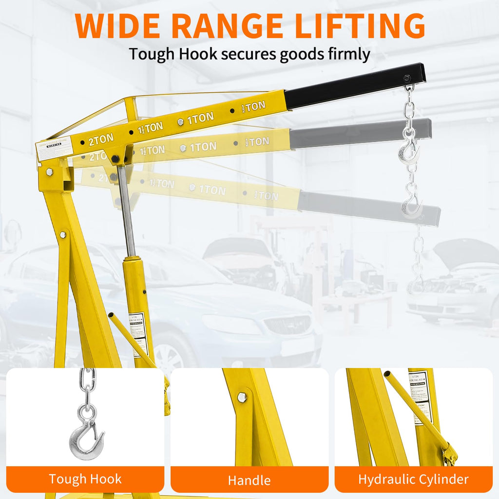 Garvee 2-Ton Folding Engine Hoist Hydraulic Shop Crane With Telescoping Boom 6 Caster Wheels, Yellow