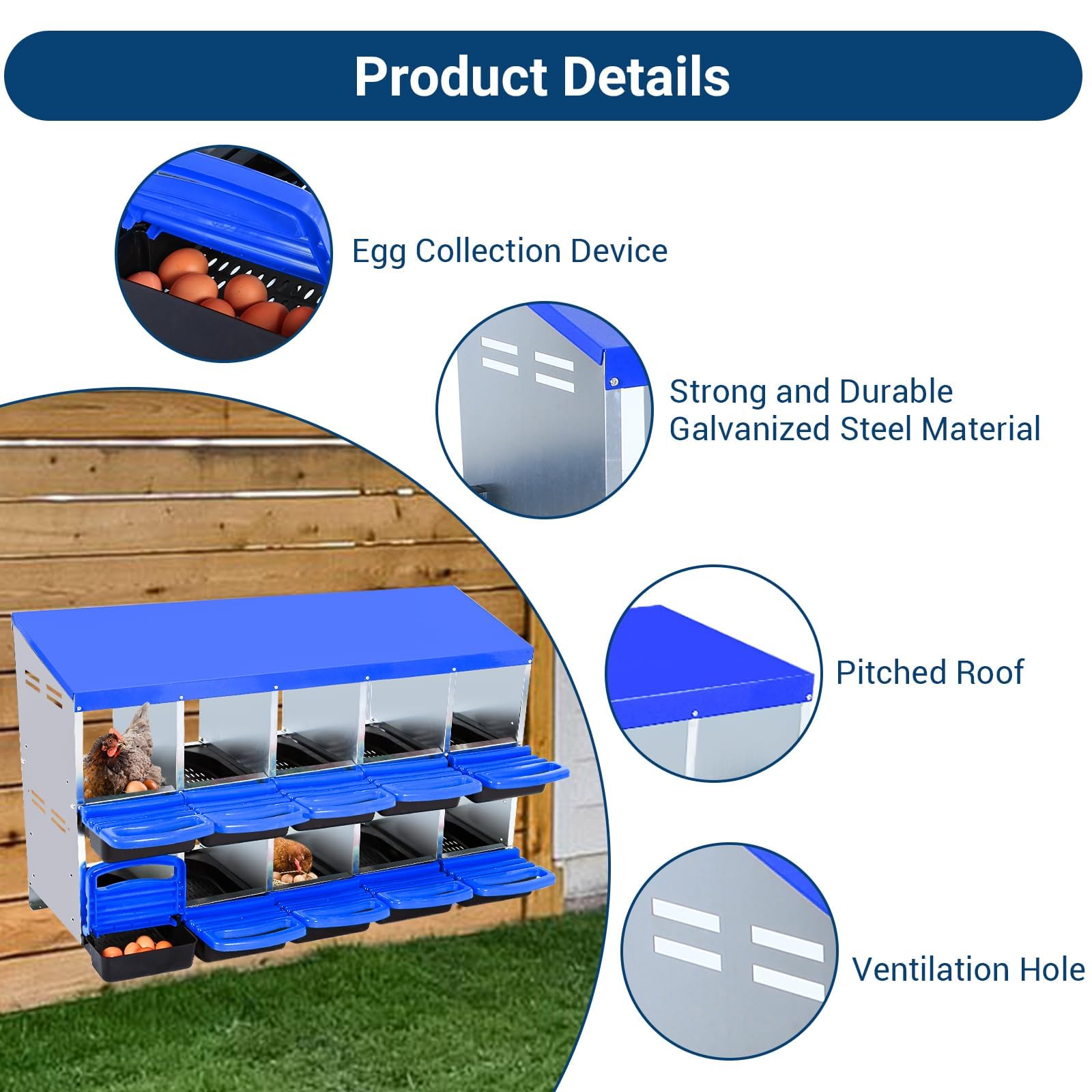 Garvee Chicken Nesting Box 10-Hole Roll Away Egg Laying Box Heavy-Duty Galvanized Steel Rustproof Blue Wall-Mountable