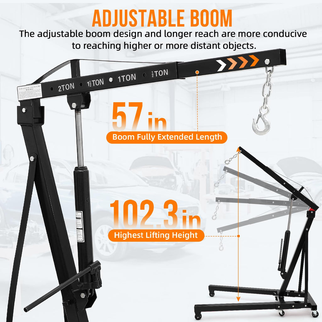 Garvee 2-Ton (4400 lbs) Cherry Picker Engine Hoist - Folding  Heavy-Duty Hydraulic Shop Crane, Black