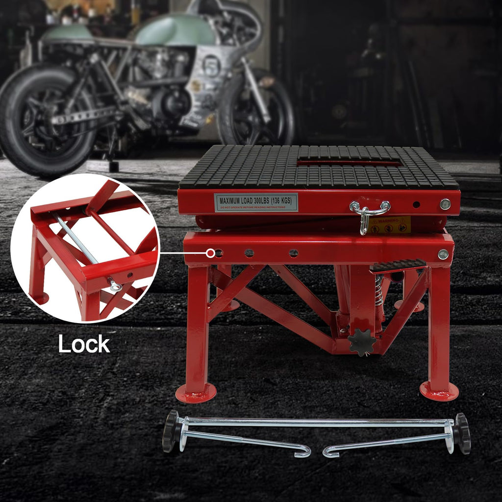 Garvee Hydraulic Motorcycle Lift Table, 300 LBS Capacity Motorcycle Scissor Jack Lift with Wide Deck, J-hooks, Hydraulic Foot-Operated Jack Stand for Motorcycles - Without Wheels