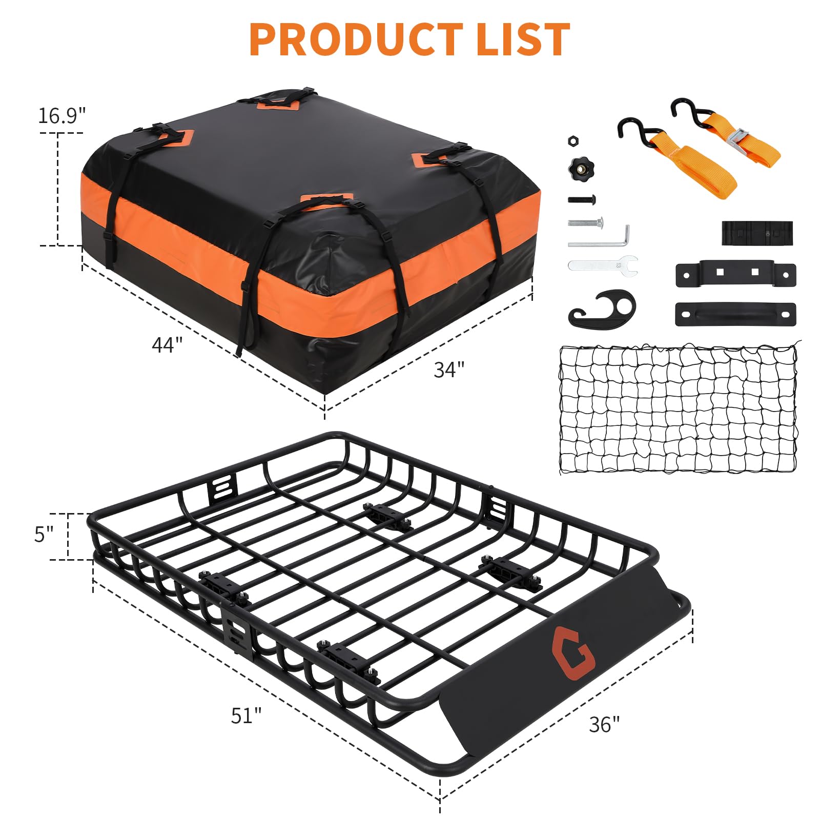 Garvee Roof Rack Cargo Carrier Basket Universal Rooftop 51''X36''X5'' Black with Cargo Net and Waterproof Bag for Pick Up Trucks, 200lbs Capacity