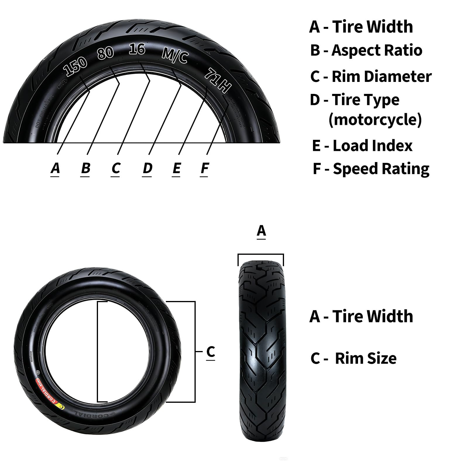 Garvee 150/80-16 Motorcycle Tire Rear Black Wall 4PR 71H Tubeless Street Tire Cruiser Touring High Performance Enhanced Grip Wear Resistance