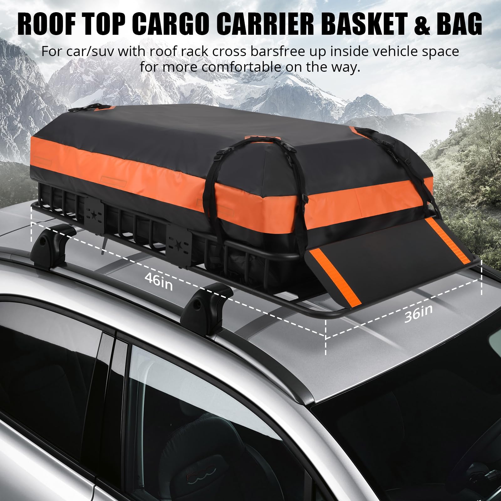 Garvee Roof Rack Cargo Basket 46"x36"x4.5" + Waterproof Cargo Bag 15 Cubic Feet - High Capacity, Premium Material, 200 LBS Capacity, Universal Carrier for SUV, Truck, Perfect for Travel