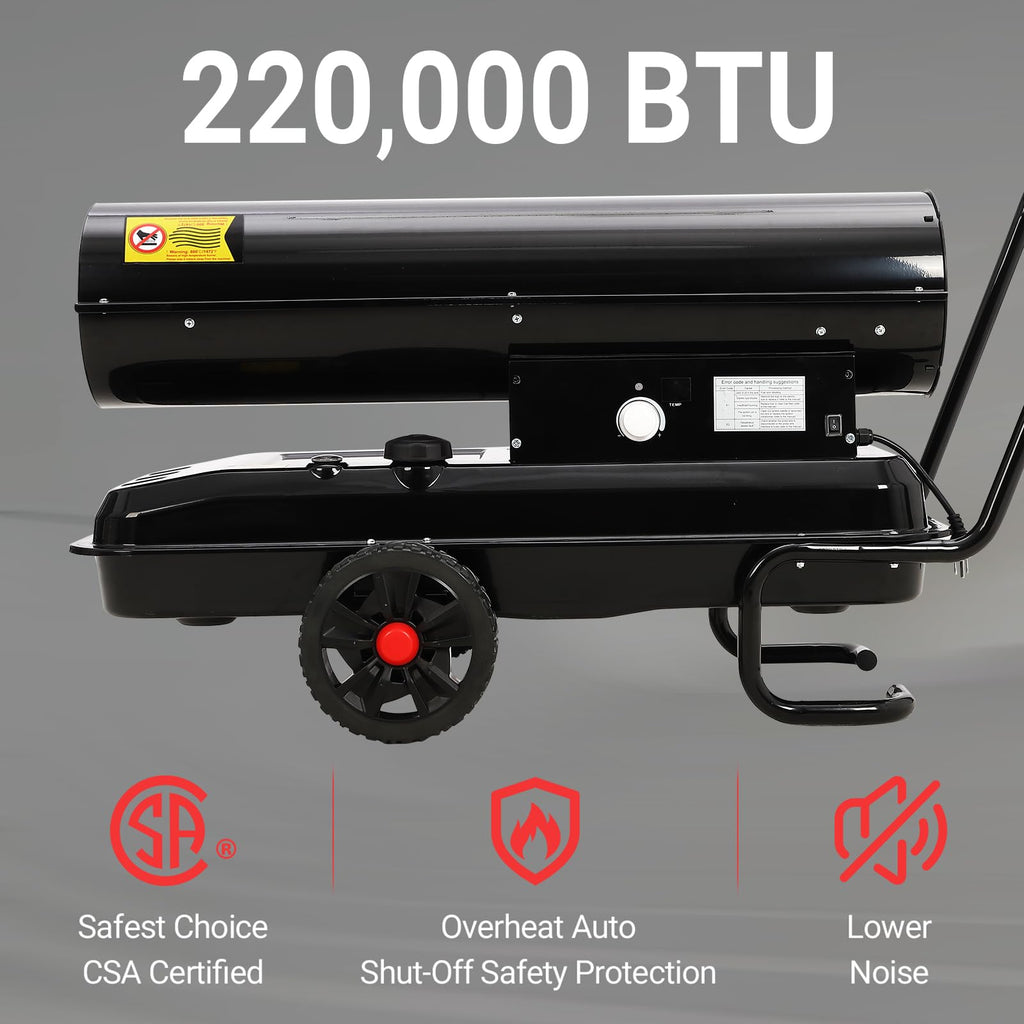 Garvee 220,000 BTU Forced Air Kerosene Diesel Heater, 120V 52L Tank, Thermostat, 1100m³/h Output, Handle, for Construction, Warehouse, Workshop, Black
