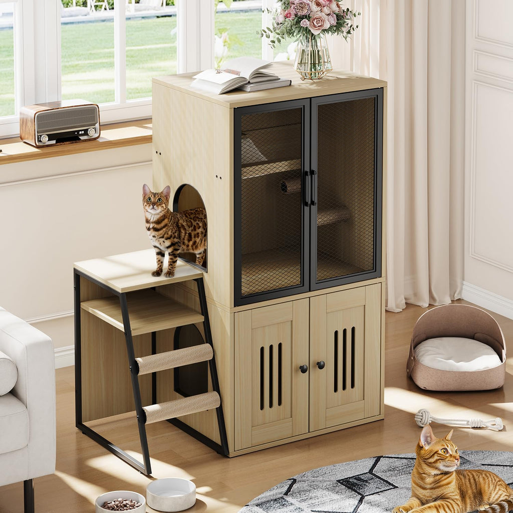 Garvee Cat Litter Box Enclosure With Doors, Double Cat House, Storage Space, Ladder, Burlywood, 22.6"L x 17.7"W x 10.9"H