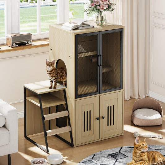 Garvee Cat Litter Box Enclosure With Doors, Double Cat House, Storage Space, Ladder, Burlywood, 22.6"L x 17.7"W x 10.9"H