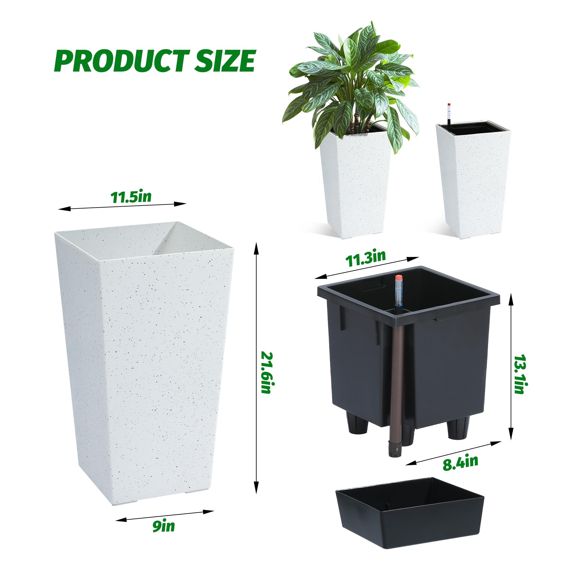Garvee 21.6" Tall Rectangular Planters Set of 2 Large Modern Plant Pots with Drainage Holes＆Water Level Monitor＆Wheels Outdoor and Indoor for Patio, Porch, Living Room, or Home Office,White and Black Dots