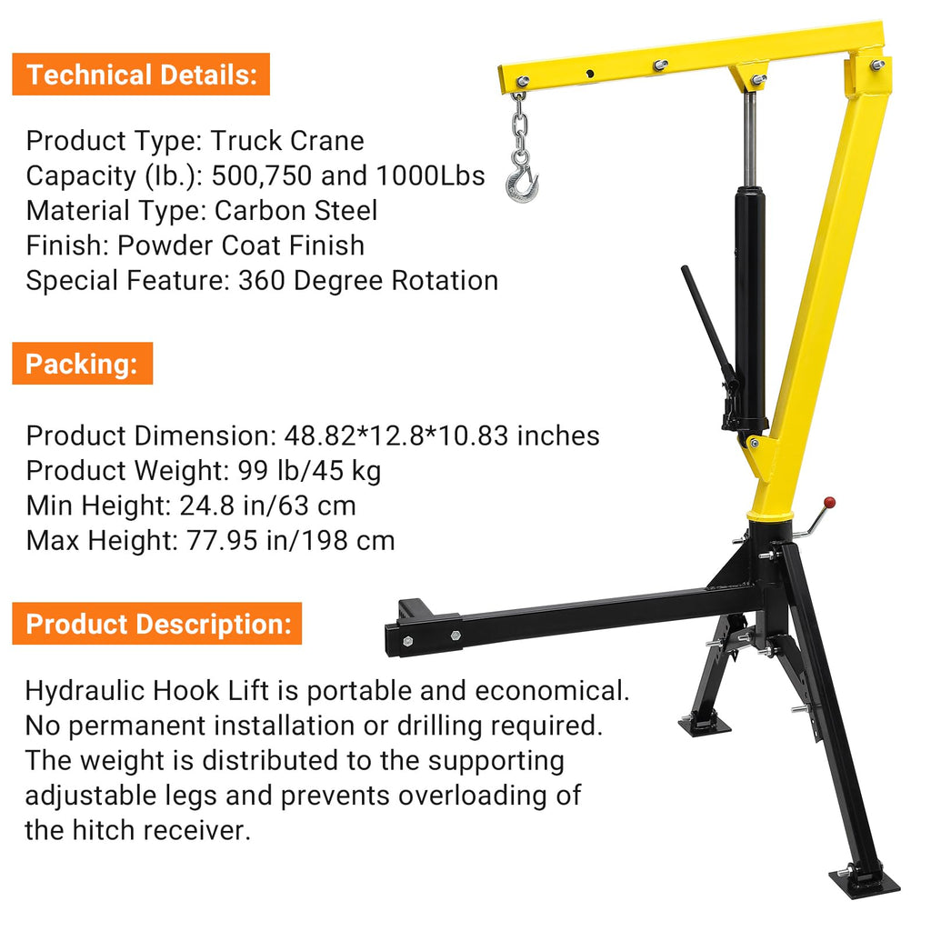 Garvee Hydraulic Hitch-Mount Truck Crane - 1000lb Capacity with Adjustable Arm Length and Boom Height, Heavy-Duty Steel Construction, Yellow