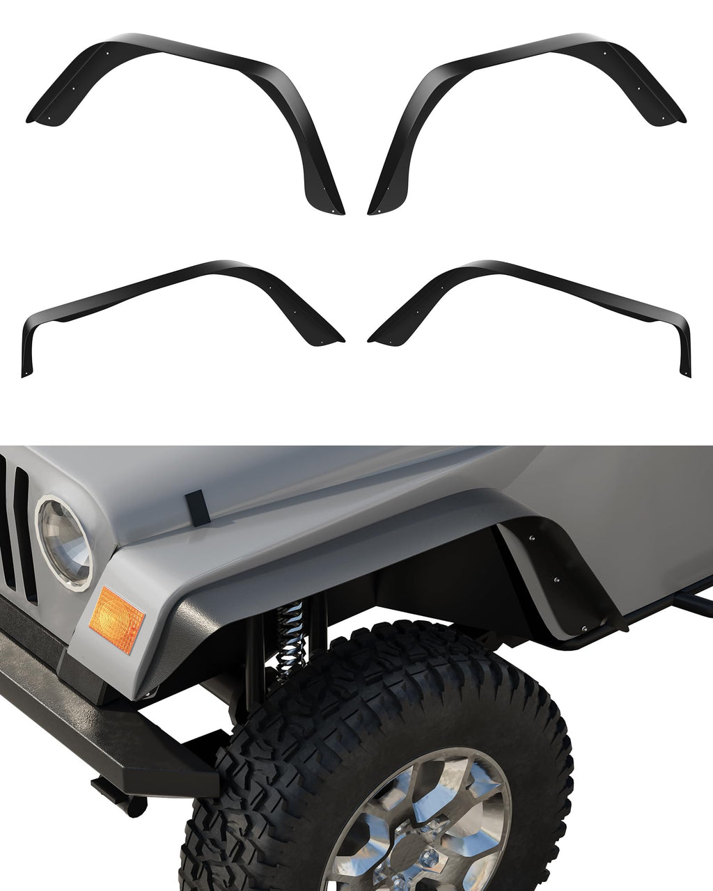 Garvee 4 PCS Flat Front & Rear Fender Flares Fits For 1997-2006 Jeep Wrangler TJ & LJ, Off-Road Metal Steel Wheel Liner, Textured black