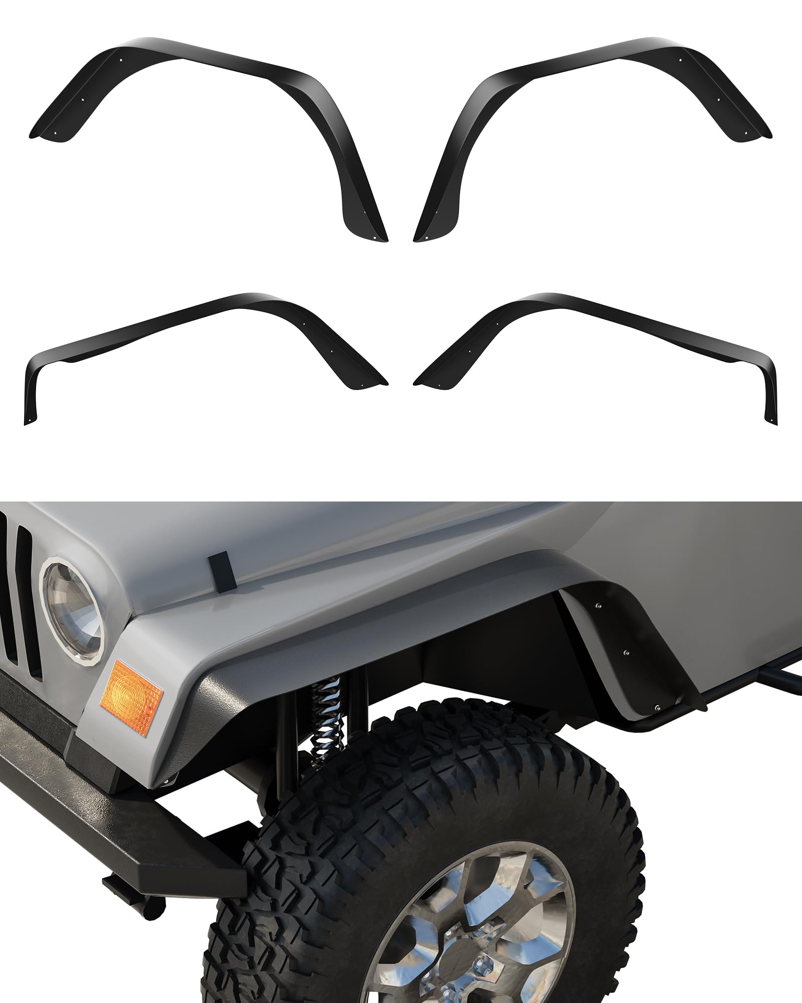 Garvee 4 PCS Flat Front & Rear Fender Flares Fits For 1997-2006 Jeep Wrangler TJ & LJ, Off-Road Metal Steel Wheel Liner, Textured black