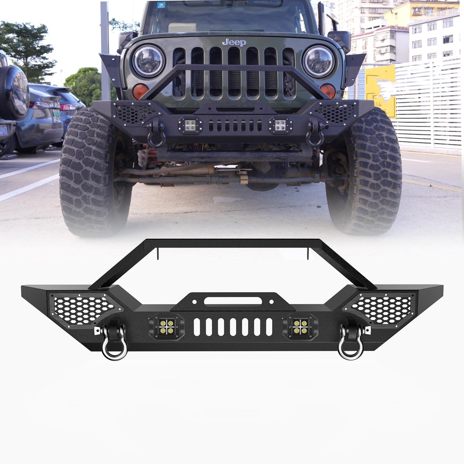 Garvee Front Bumper Compatible with 2007-2018 Jeep Wrangler JK & Unlimited JKU (2/4 Doors), Rock Crawler Off Road Full Width Bumper with Winch Plate Mounting & 2 x D-Rings